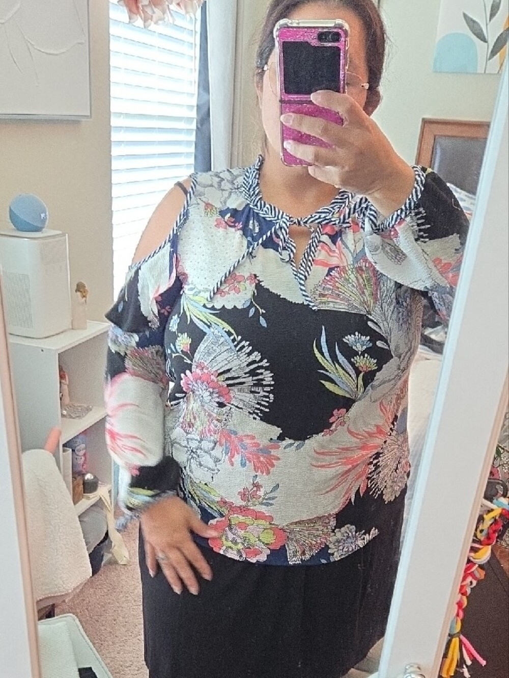Multi Pattern Cold-Shoulder Tie-Neck Camisole with Ruffle Accents - Picture 5 of 9